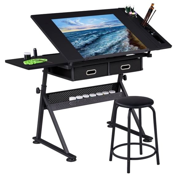 Yaheetech Metal Adjustable Height Drafting Table/Stool Set with 2 Drawer, Black