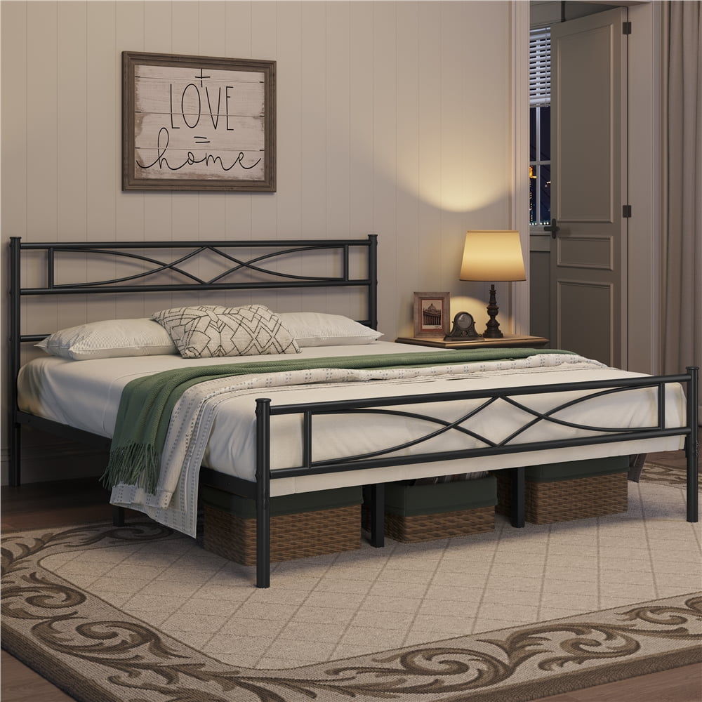 Topeakmart Metal California King Bed Frame with Curved Design Headboard and Footboard, Black