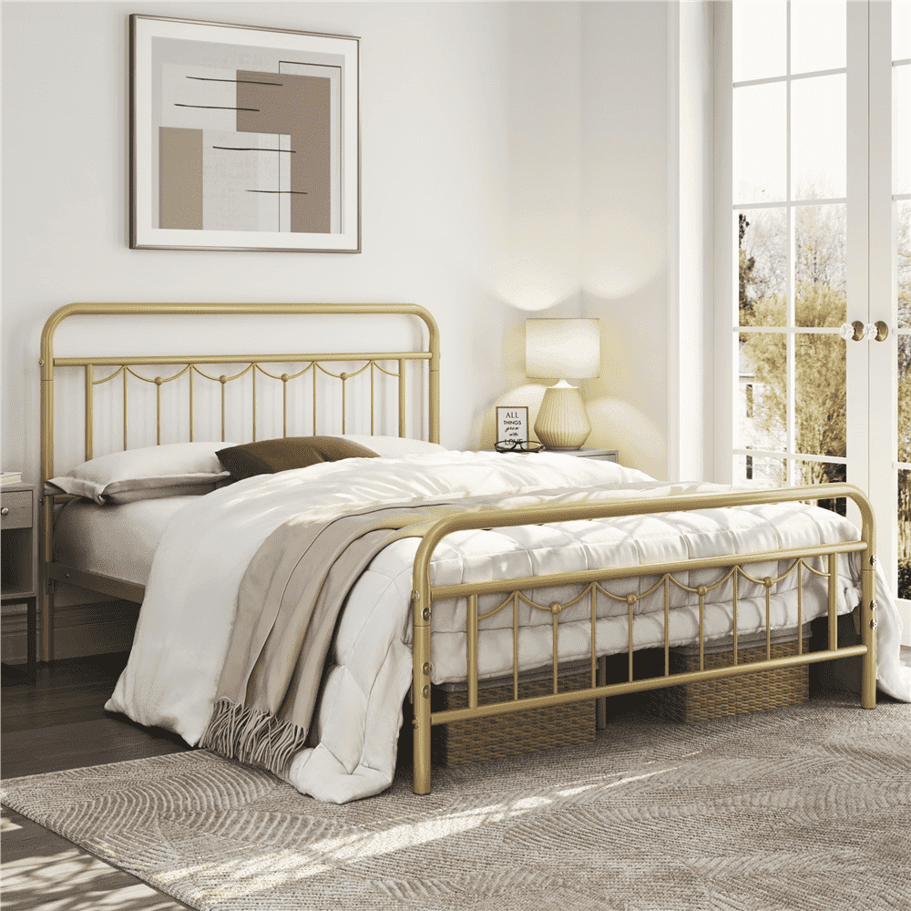 Yaheetech Metal Platform Bed Frame with Headboard and Footboard, Full Size, Antique Gold