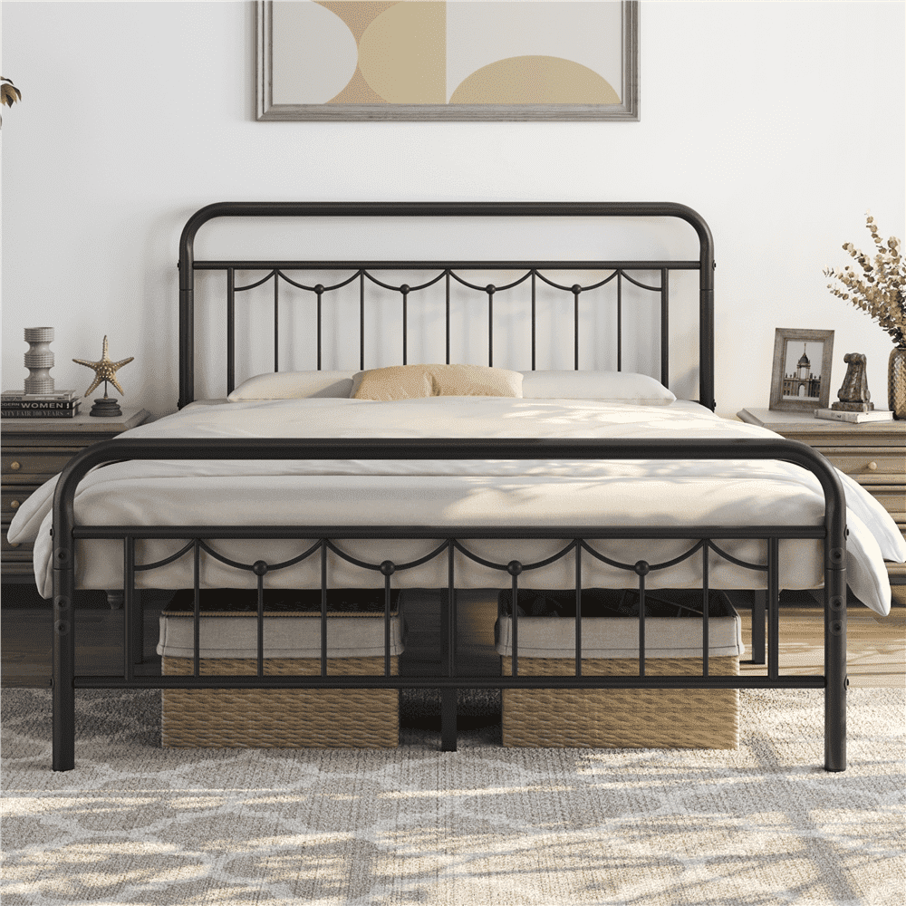 Yaheetech Queen Size Metal Platform Bed Frame with Headboard and Footboard, Matte Black