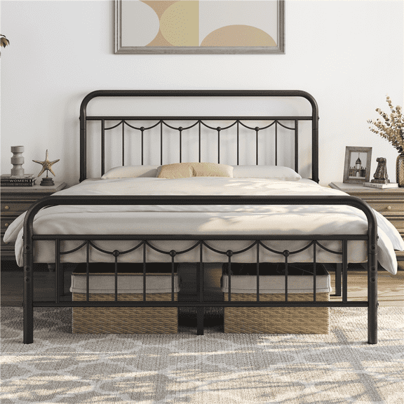 Yaheetech Queen Size Metal Platform Bed Frame with Headboard and Footboard, Matte Black