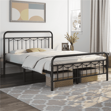 Topeakmart Queen Size Metal Platform Bed Frame with Headboard and Footboard, Matte Black