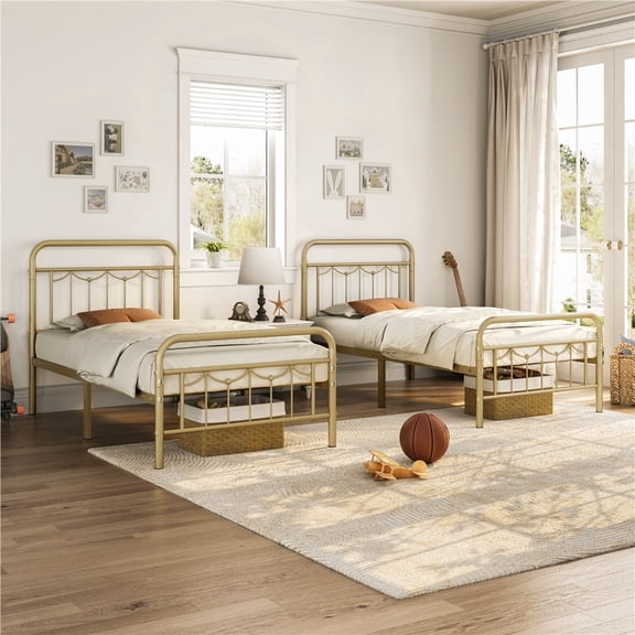 Yaheetech Metal Platform Bed Frame with Headboard and Footboard, Twin Size, Antique Gold