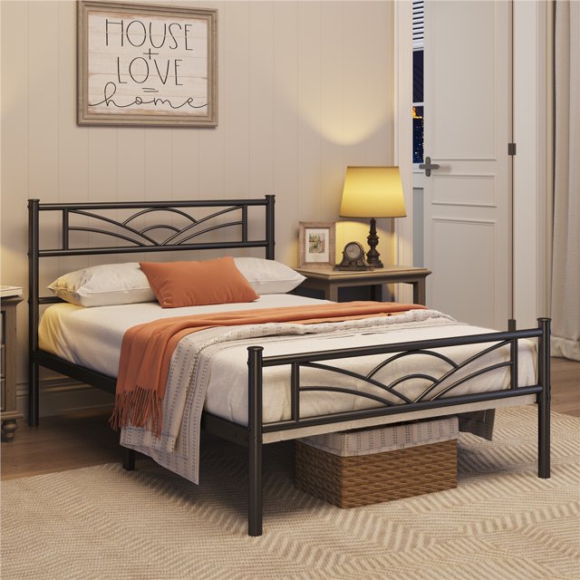 Topeakmart Metal Platform Bed with Cloudinspired Design Headboard