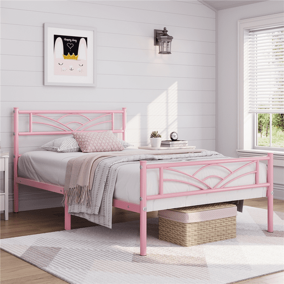Topeakmart Metal Platform Bed with Cloud-inspired Design Headboard, Twin XL, Pink