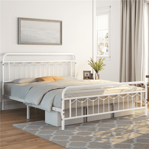 Topeakmart Metal Platform Bed with Headboard and Footboard, California King, White
