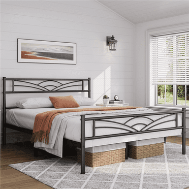 Topeakmart Metal Queen Size Platform Bed with Cloud-inspired Design Headboard, Black