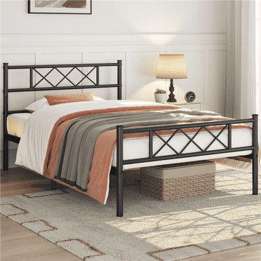 Topeakmart Metal Slatted Bed Frame with Headboard Footboard, Twin, Black