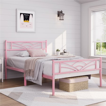 Topeakmart Metal Twin Size Platform Bed with Cloud-inspired Design Headboard, Pink