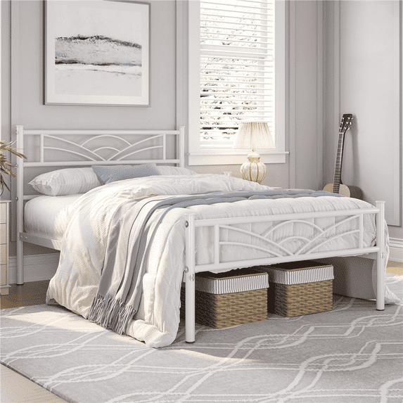 Yaheetech Metal Twin Size Platform Bed with Cloud-inspired Design Headboard, White