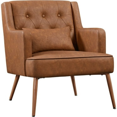 Topeakmart Modern Faux Leather Accent Chair with Lumbar Pillow for Living Room, Retro Brown