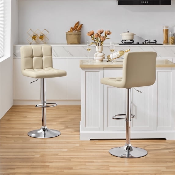 Topeakmart Modern PU Leather Bar Stools with Tufted Backrest and Footrest, Set of 2, khaki