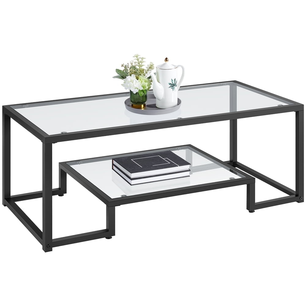 Topeakmart Modern Tempered Glass Coffee Table with Metal-frame, Black