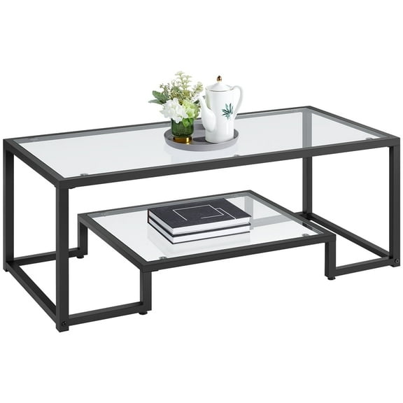 Topeakmart Modern Tempered Glass Coffee Table with Metal-frame, Black