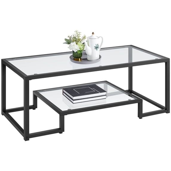 Yaheetech Modern Tempered Glass Coffee Table with Metal-frame, Black