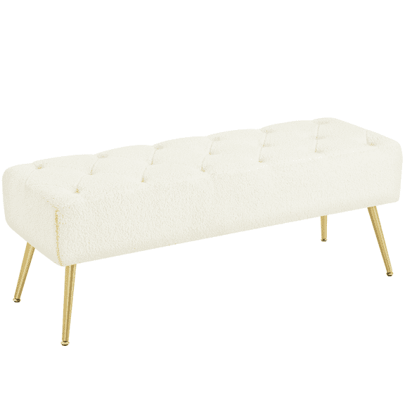 Topeakmart Modern Upholstered Ottoman Footrest Stool Button Tufted with Gold Metal Legs, Ivory
