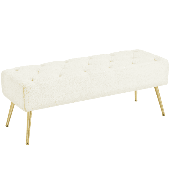 Yaheetech Modern Upholstered Ottoman Footrest Stool Button Tufted with Gold Metal Legs, Ivory