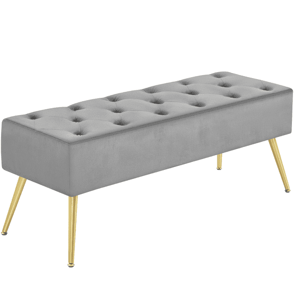 Topeakmart Modern Velvet Bench Upholstered Ottoman Footrest Stool Button Tufted with Gold Metal Legs, Gray