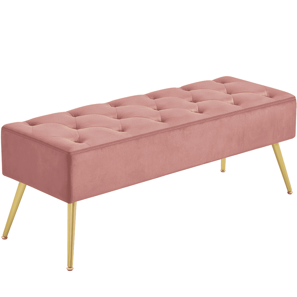 Yaheetech Modern Velvet Bench Upholstered Ottoman Footrest Stool Button Tufted with Gold Metal Legs, Pink
