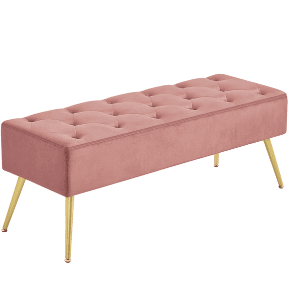 Topeakmart Modern Velvet Bench Upholstered Ottoman Footrest Stool Button Tufted with Gold Metal Legs, Pink