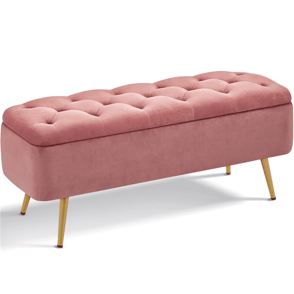 Topeakmart Modern Velvet Upholstered Storage Bench with Metal Legs for Bedroom, Pink