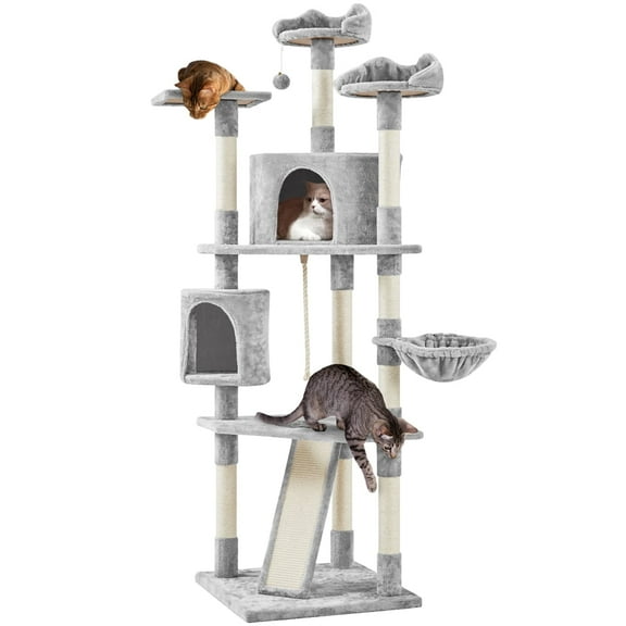 Yaheetech Multi-level Cat Tree Condo Tower with Basket, Scratching Posts & Ramp Light Gray, 79'' H