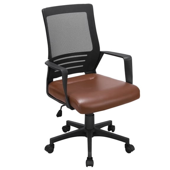 Topeakmart Office Desk Chair Swivel Computer Chair Mesh Chair with Leather Padded Seat Brown