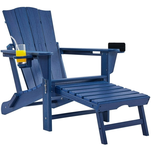 Topeakmart Outdoor HDPE Adirondack Chair with Foldable Ottoman & Cup Holder, Navy Blue