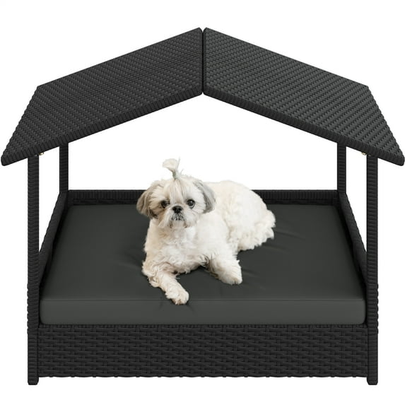 Topeakmart Outdoor Rattan Dog House with Canopy and Foam Cushion, Black/Gray