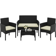 Topeakmart Outdoor Rattan Reception Set with 1 Loveseat, 2 Armchairs & 1 Glass Coffee Table, Black/Beige