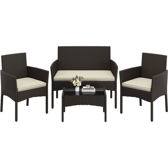Yaheetech Outdoor Rattan Reception Set with 1 Loveseat, 2 Armchairs & 1 Glass Coffee Table, Brown/Beige
