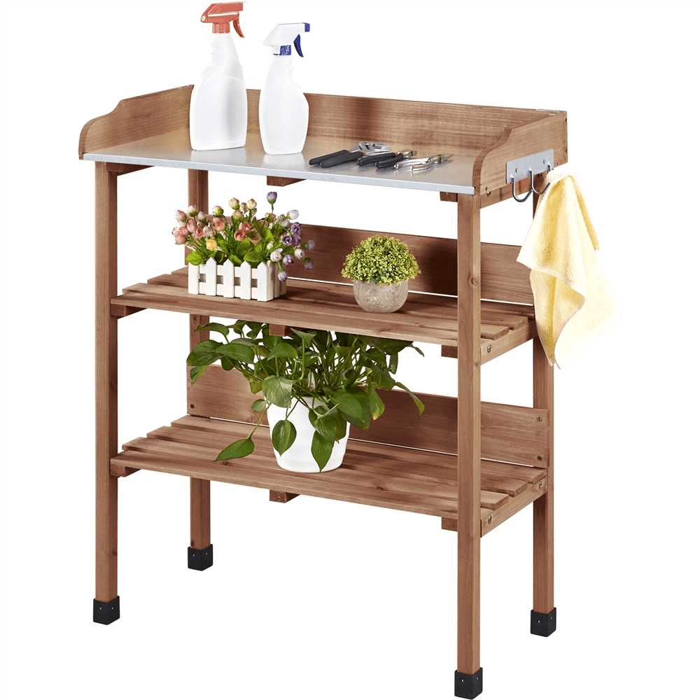 Brown Fir Wood Outdoor Potting Bench with Metal Top and Shelves