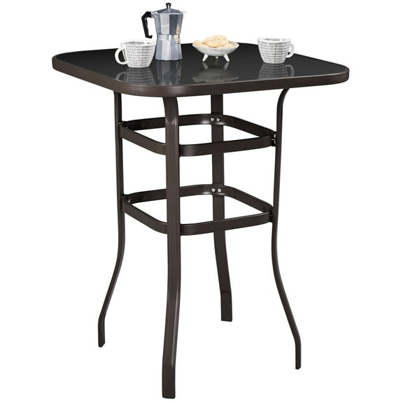 Topeakmart Patio Bar Height Tall Bistro Table with Tempered Glass Tabletop, Brown