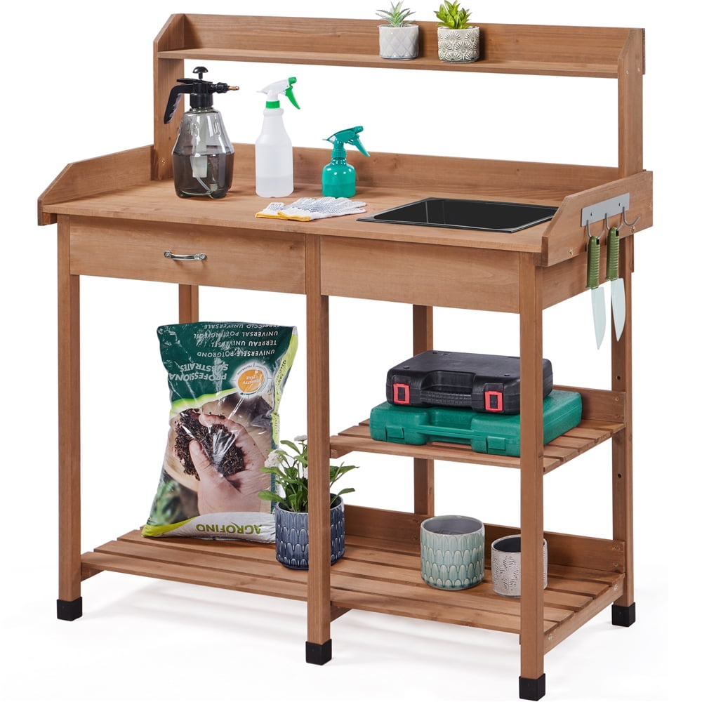 Topeakmart Potting Bench Table with Removable Sink Drawer Shelves for