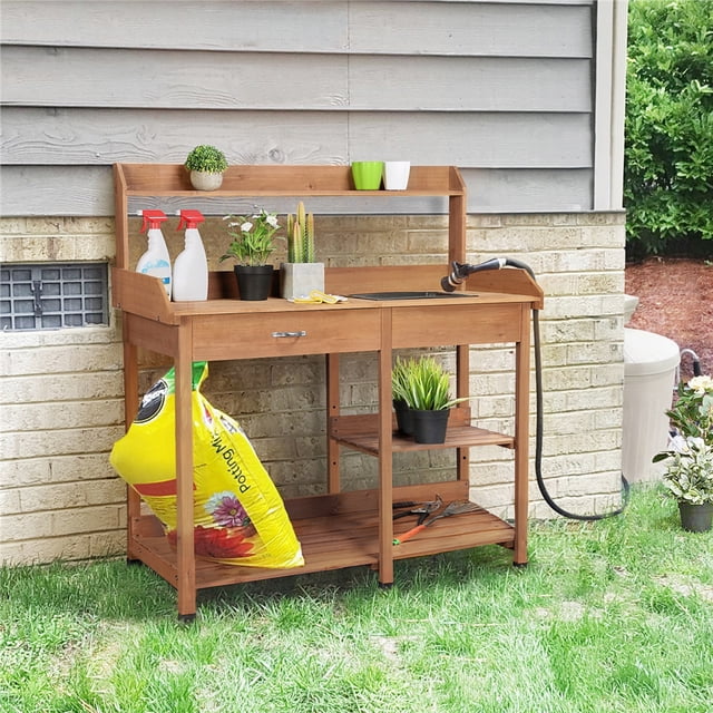 Topeakmart Potting Bench Table with Removable Sink Drawer Shelves for ...