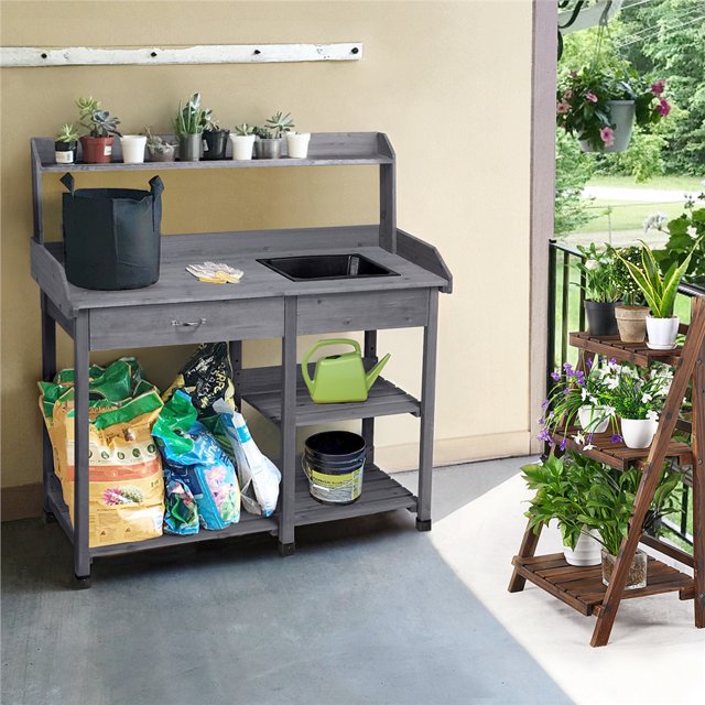 Topeakmart Potting Bench Table with Removable Sink Drawer Shelves for ...
