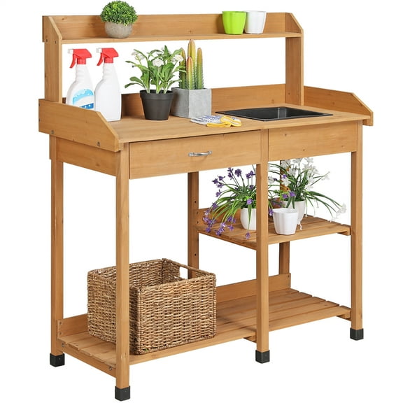Topeakmart Potting Bench Table with Removable Sink Drawer Shelves for Outdoor, Natural Wood