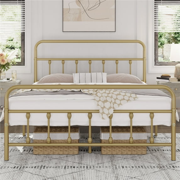 Topeakmart Metal Bed Frame Spindle Headboard and Footboard, Antique Gold, Queen