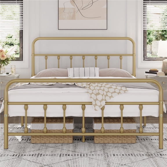 Topeakmart Metal Bed Frame Spindle Headboard and Footboard, Antique Gold, Queen