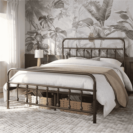 Yaheetech Metal Platform Bed with High Headboard and Footboard, Bronze, Queen