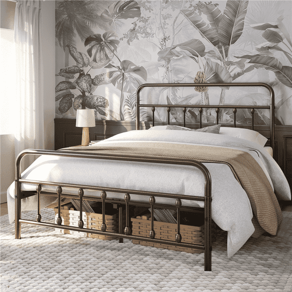 Topeakmart Metal Platform Bed with High Headboard and Footboard, Bronze, Queen