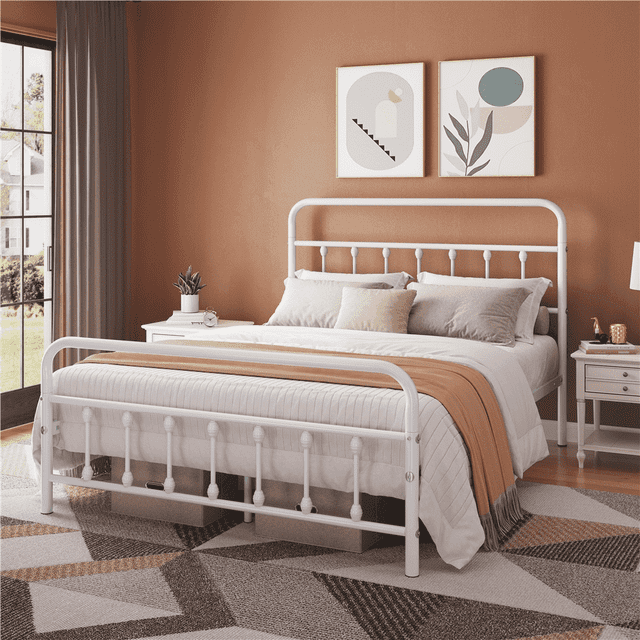 Topeakmart Metal Platform Bed with High Headboard and Footboard, White, Queen
