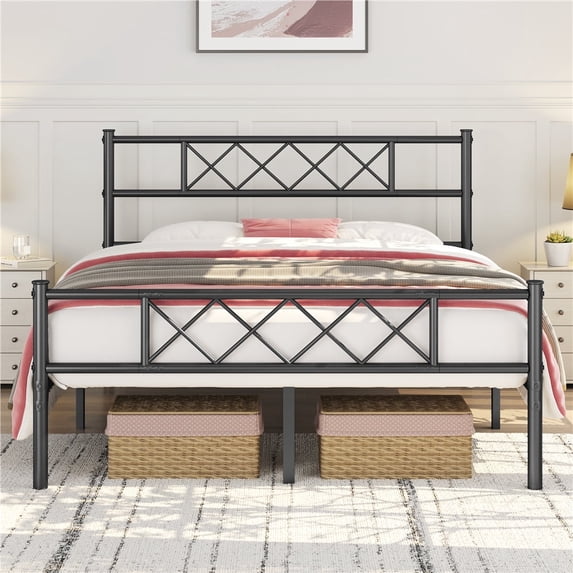 Yaheetech Queen Metal Bed Frame with Crisscross Headboard & Footboard, Black