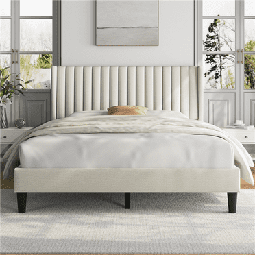 Topeakmart Upholstered Platform Queen Bed with Headboard, Ivory