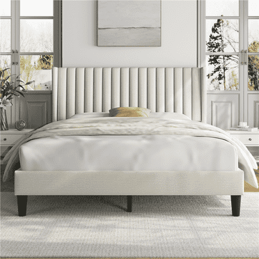 Topeakmart Upholstered Platform Queen Bed with Headboard, Ivory