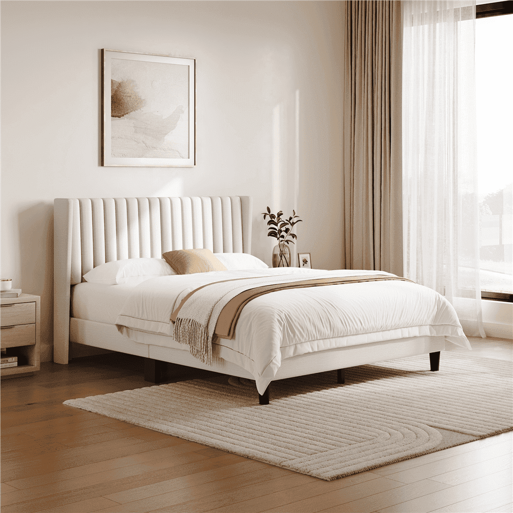 Yaheetech Upholstered Platform Queen Bed with Headboard, Ivory