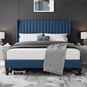 Topeakmart Queen Size Platform Bed with Upholstered Headboard & Mattress Foundation, Navy Blue