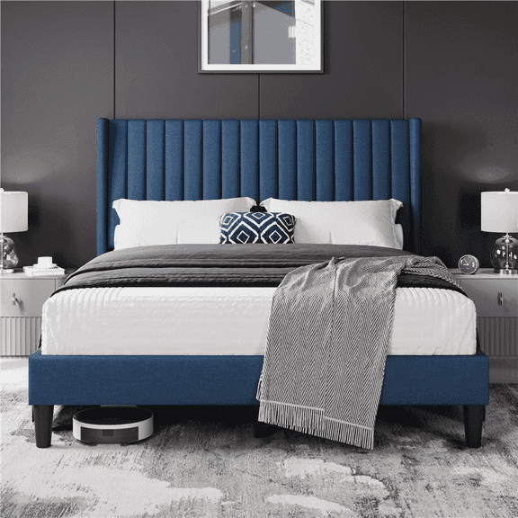 Yaheetech Queen Size Platform Bed with Upholstered Headboard & Mattress Foundation, Navy Blue