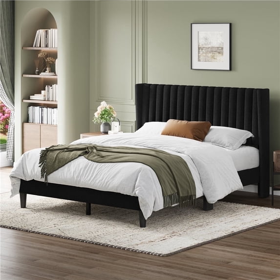 Yaheetech Queen Size Fabric Upholstered Bed Frame with High Headboard and Wood Slats, Black