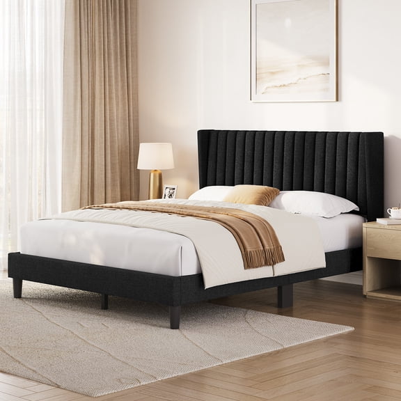 Yaheetech Upholstered Platform Bed Frame with Channel Tufted Headboard, Queen, Black